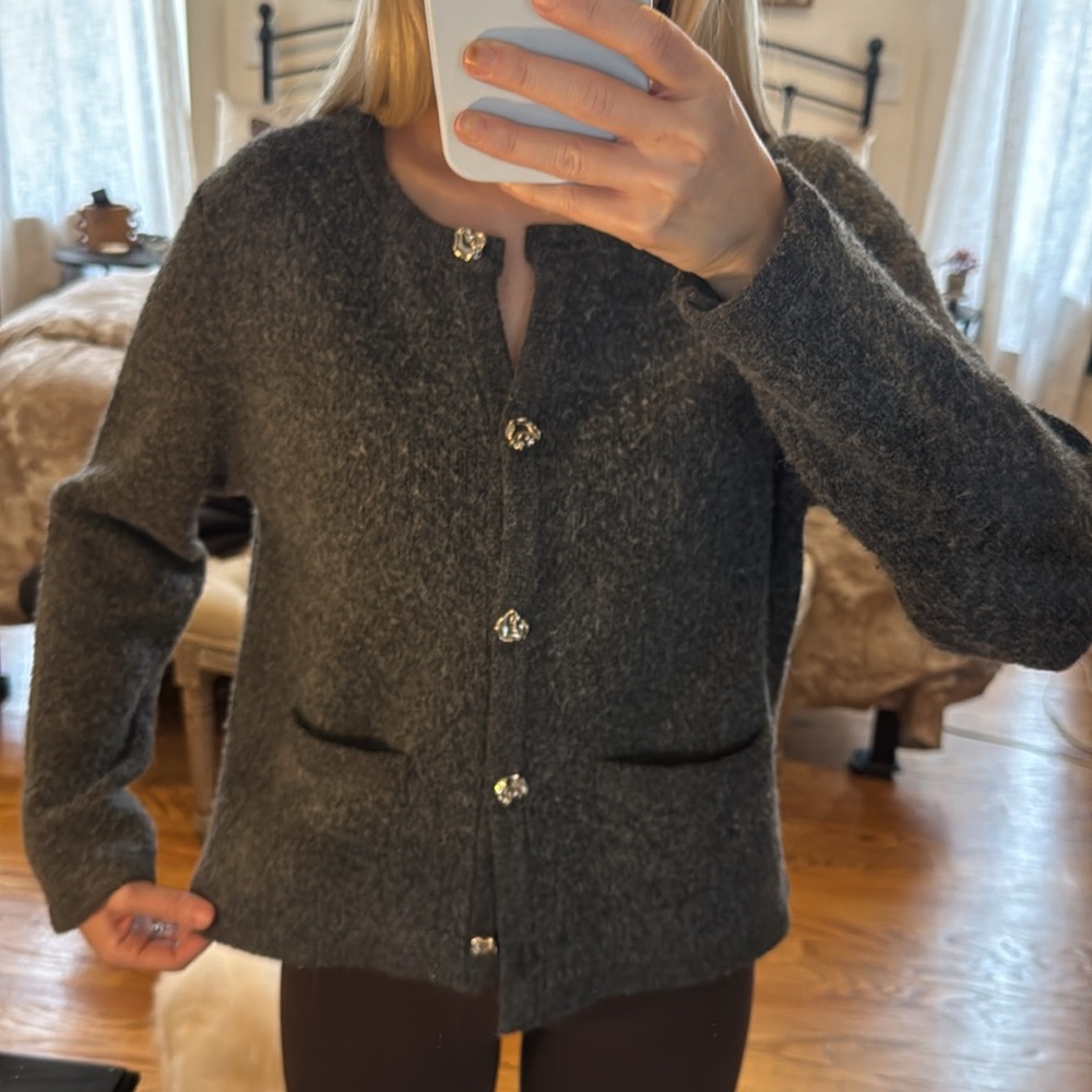 Silk Blossom Gray Cardigan with Silver Buttons - Picture 3 of 5